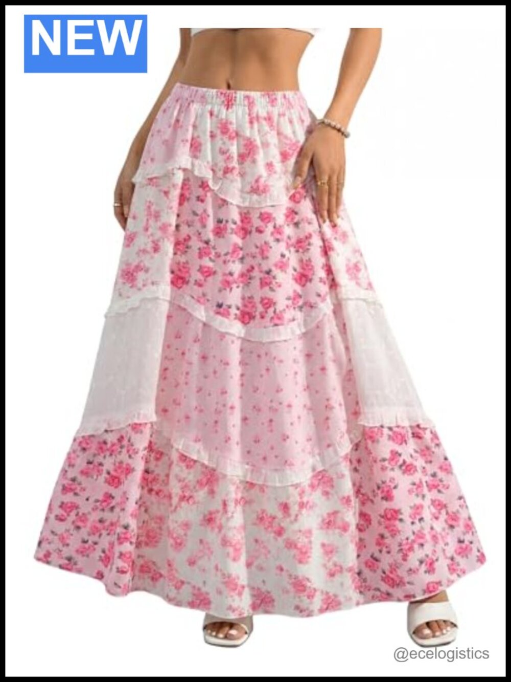 Boho Floral Maxi Skirt Patchwork Tiered Ruffle Elastic Waist Summer Flowy
